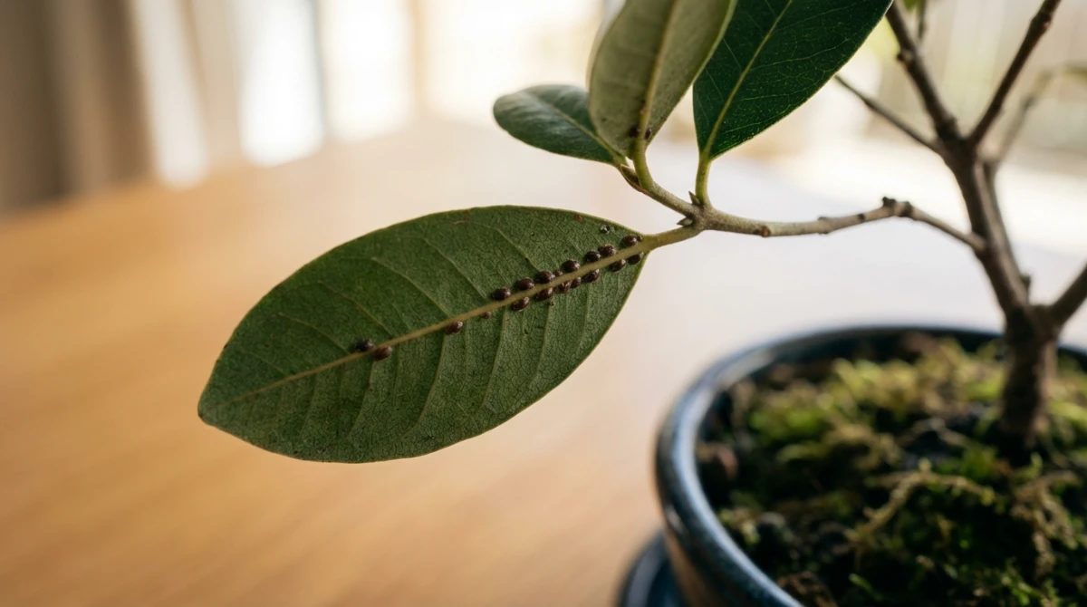 Pohutukawa leaf with scale insects, a common pest requiring careful pohutukawa bonsai care