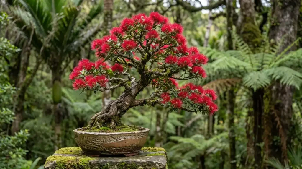 Mature Rata bonsai with red flowers showcasing expert rata bonsai cultivation