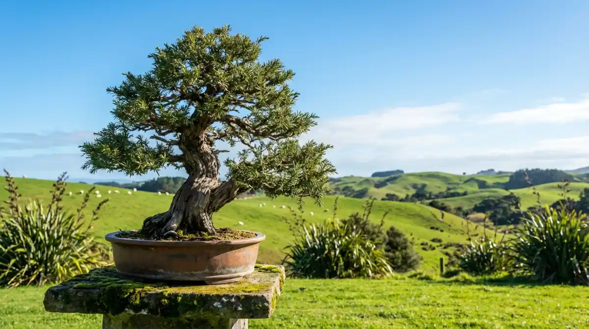 NZ Native Totara Bonsai in New Zealand landscape