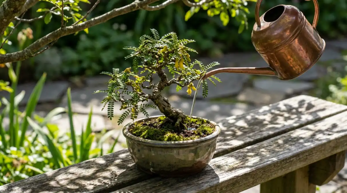 Watering an NZ native bonsai during summer