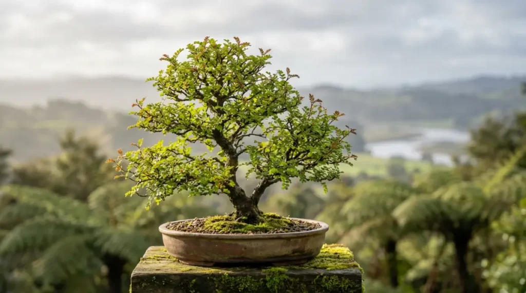 NZ native bonsai thriving in spring, showcasing seasonal growth