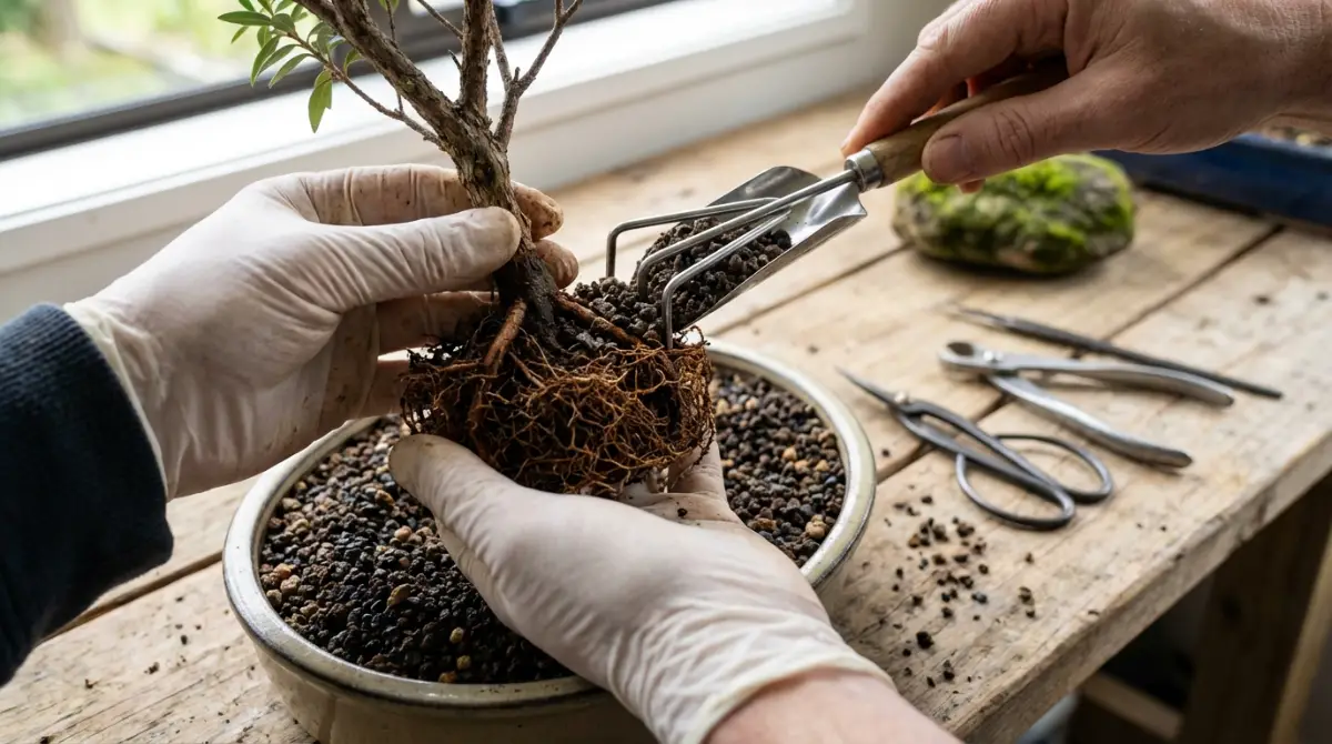 Repotting an NZ native bonsai with fresh soil in spring