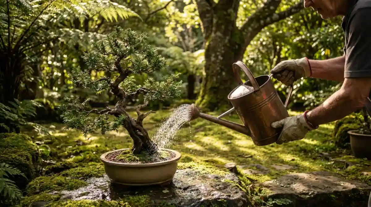 Watering an NZ native bonsai thoroughly during summer