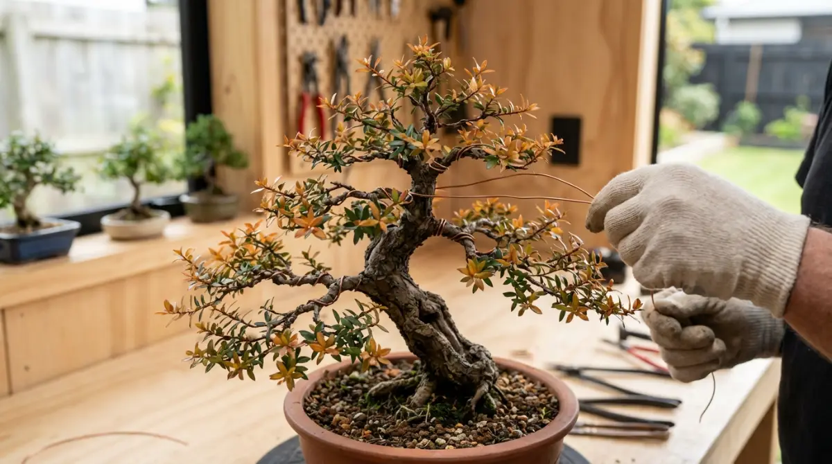 Wiring an NZ native bonsai in autumn for structural refinement