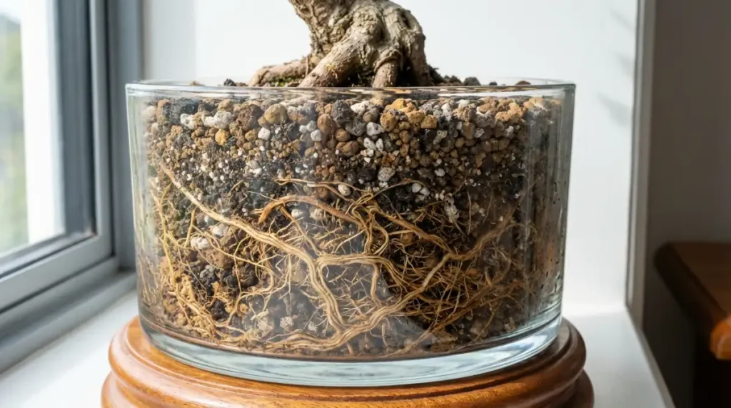Healthy roots in NZ native bonsai soil mix
