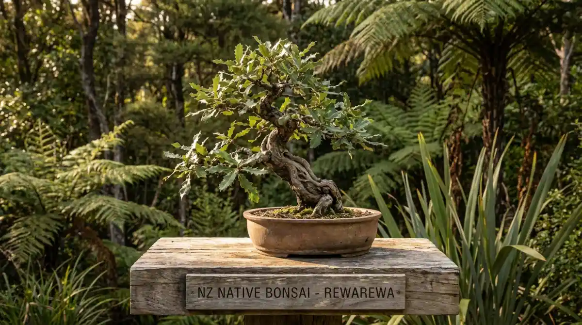 Bonsai display aesthetic in NZ natural setting