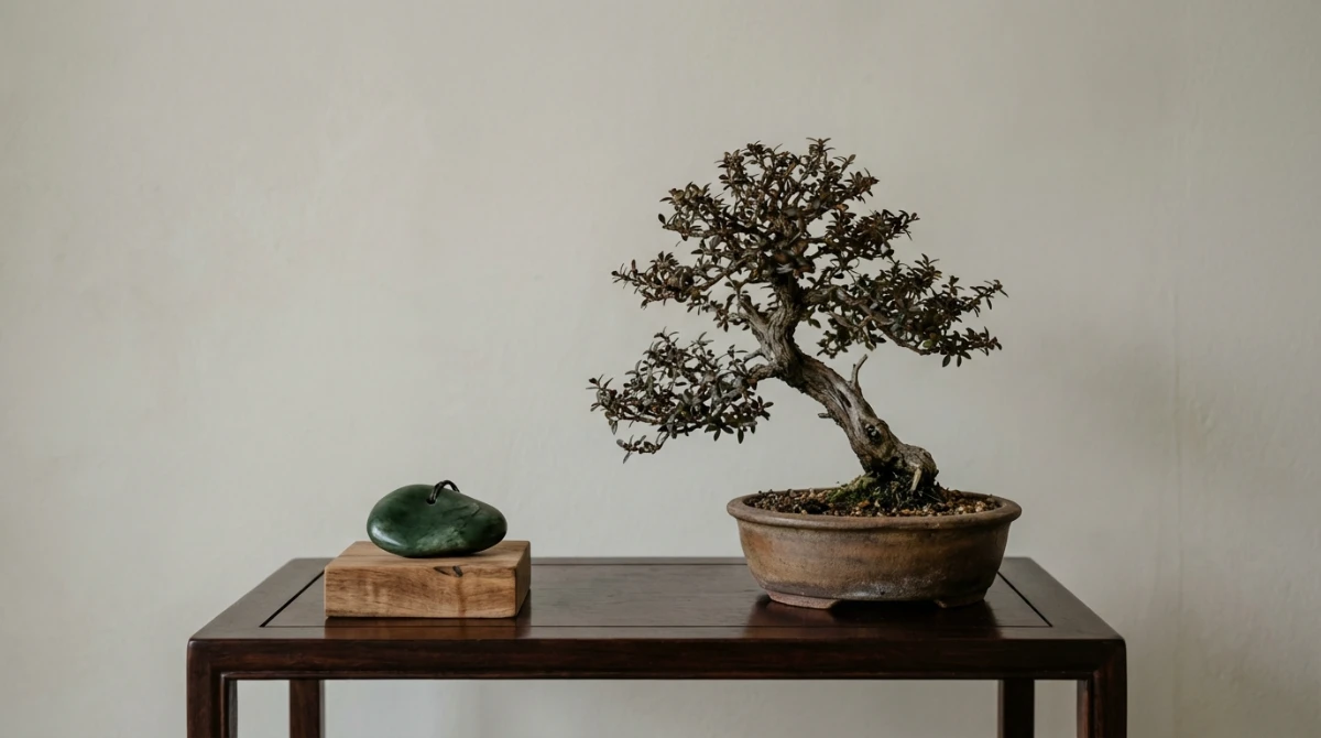 Bonsai display with NZ cultural elements