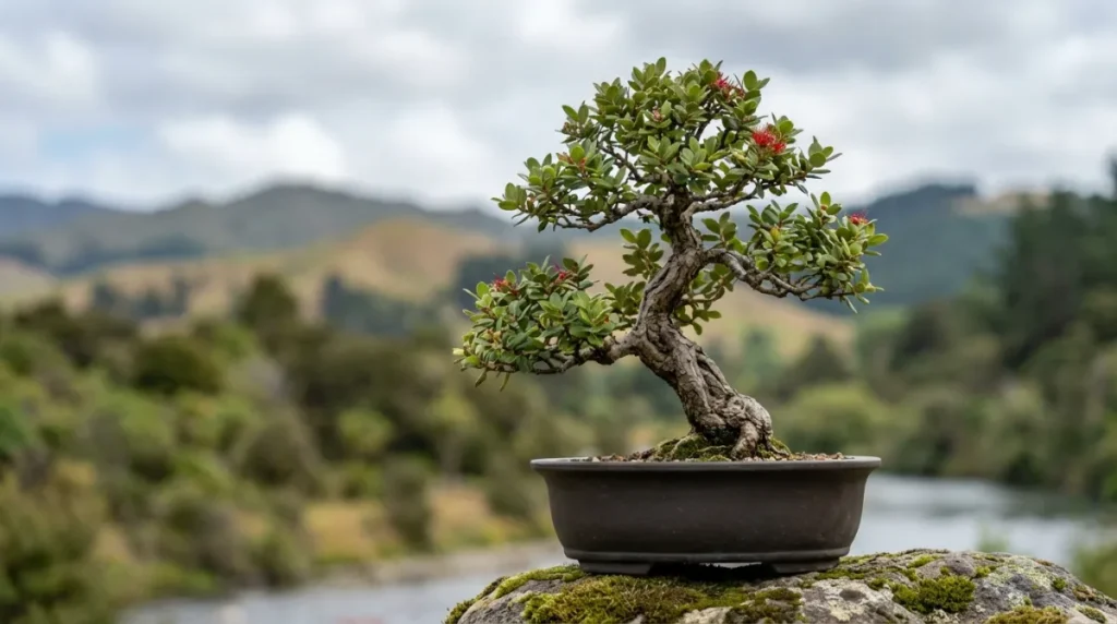 NZ native bonsai in a rustic ceramic pot, showcasing perfect balance
