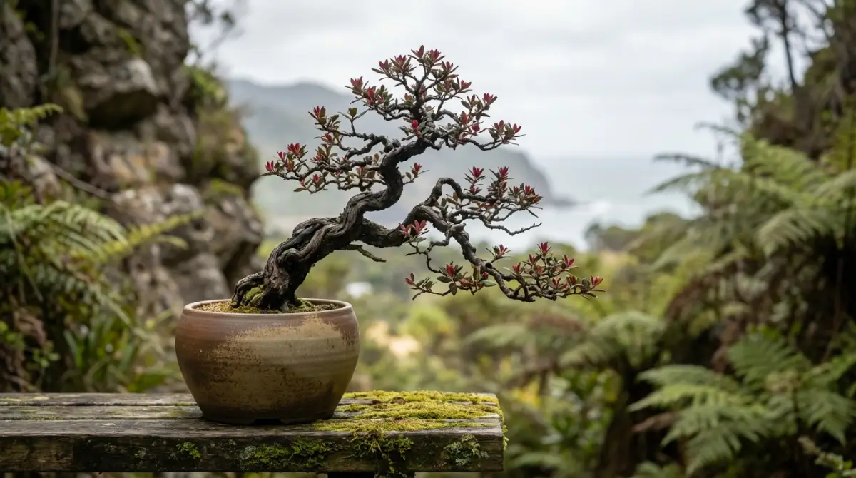 NZ native bonsai tree in a complementary unglazed ceramic pot, highlighting the artistic balance