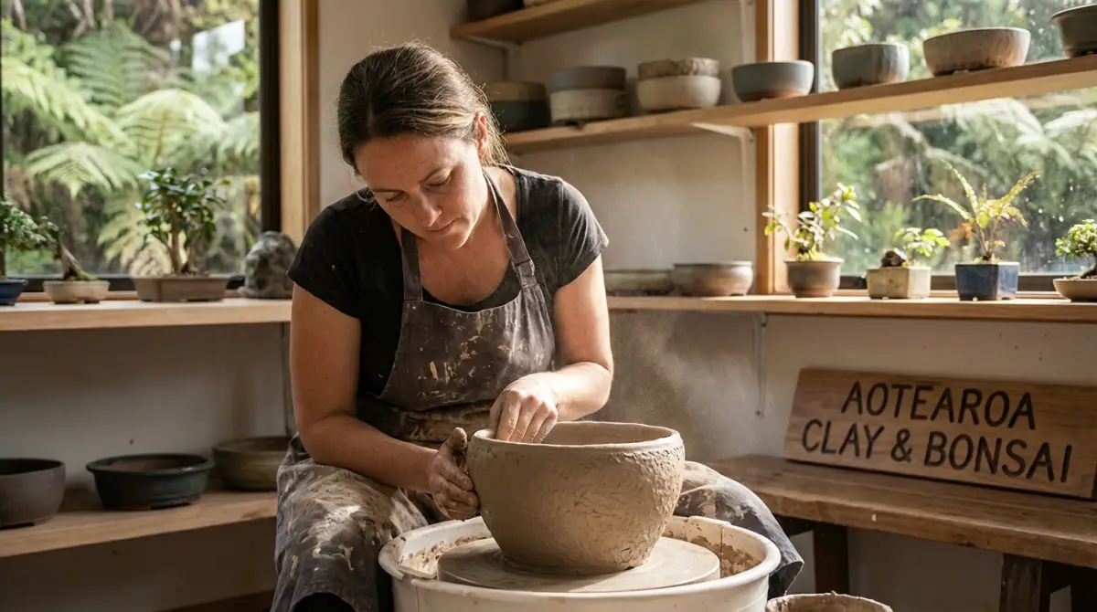 New Zealand potter crafting a custom bonsai pot for native trees