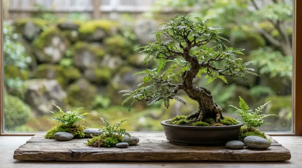 A holistic NZ native bonsai display with companion plants