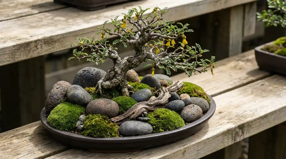 NZ native bonsai display with natural stones and moss