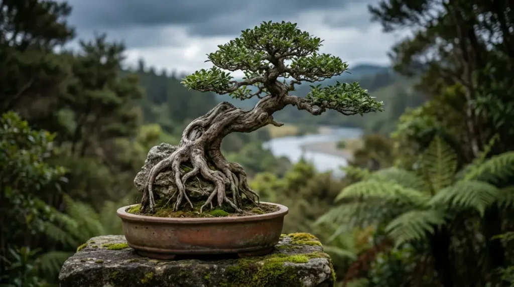 Styled NZ native Mānuka bonsai showcasing aged beauty and yamadori NZ potential