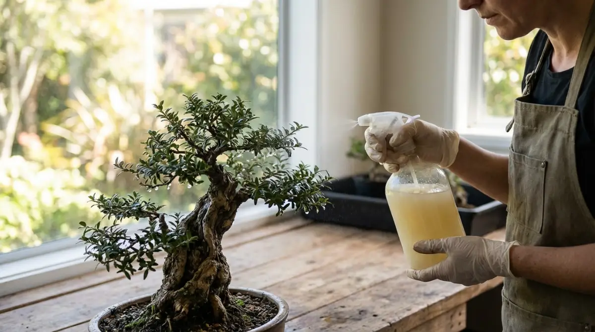Applying organic neem oil spray to a bonsai tree for pest control