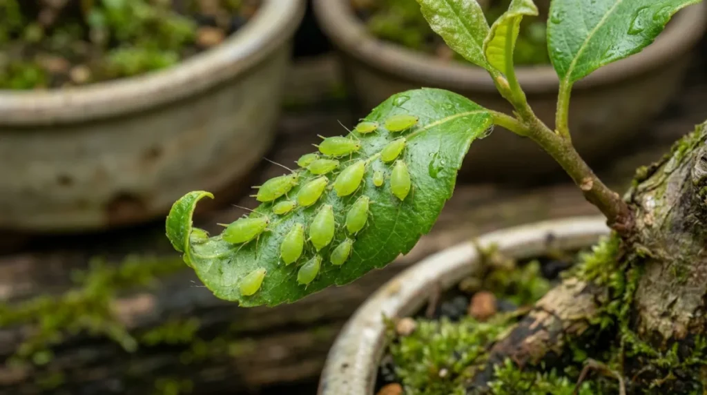 Aphids on native NZ bonsai leaf