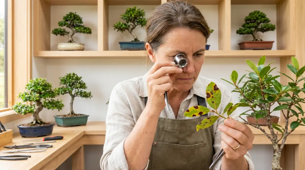 Bonsai leaf showing symptoms of fungal disease, highlighting need for diagnosis