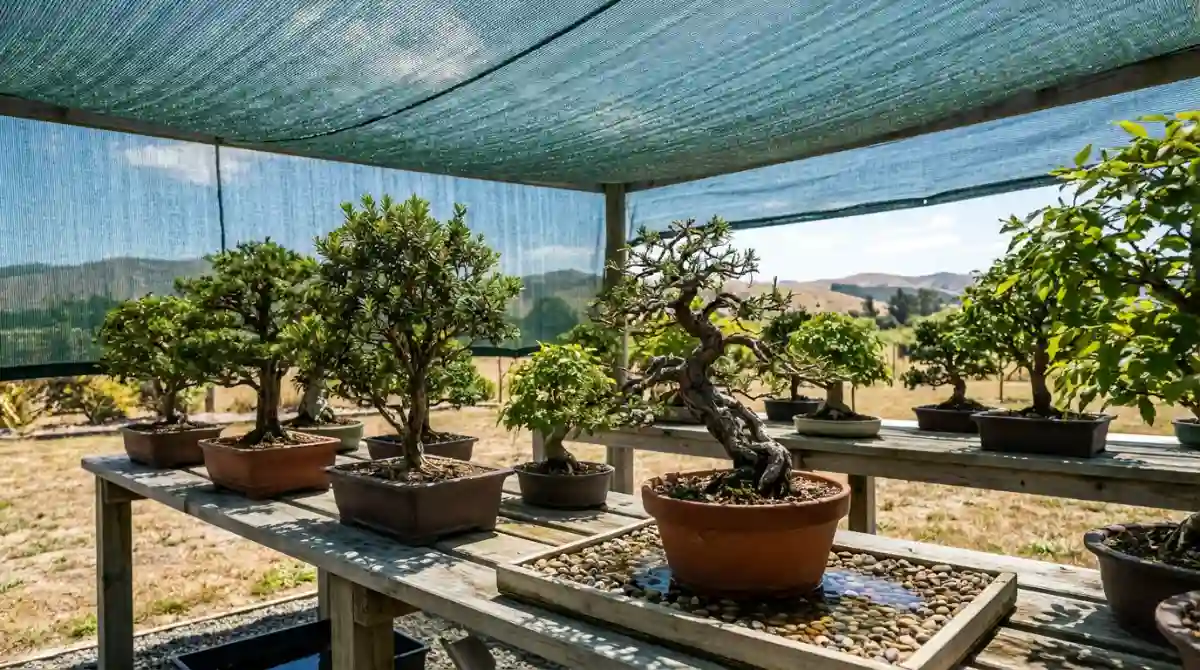 Bonsai trees protected from environmental stressors by shade cloth and humidity trays