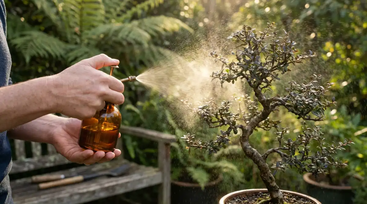 Horticultural oil spray on native bonsai