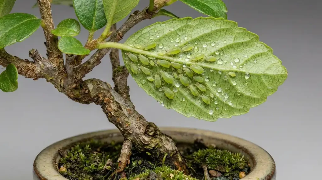 Green aphids on NZ native bonsai leaf