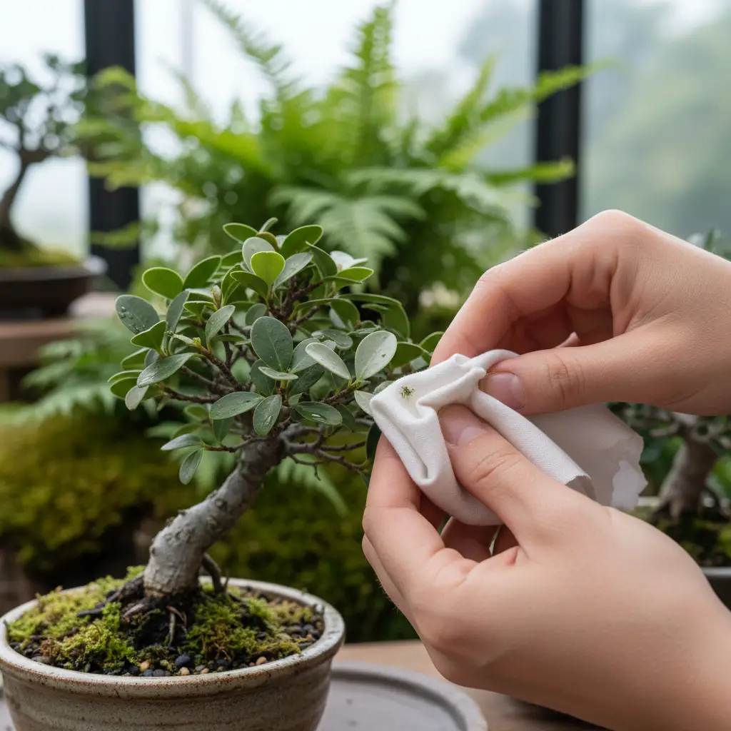 Manual pest removal from NZ native bonsai