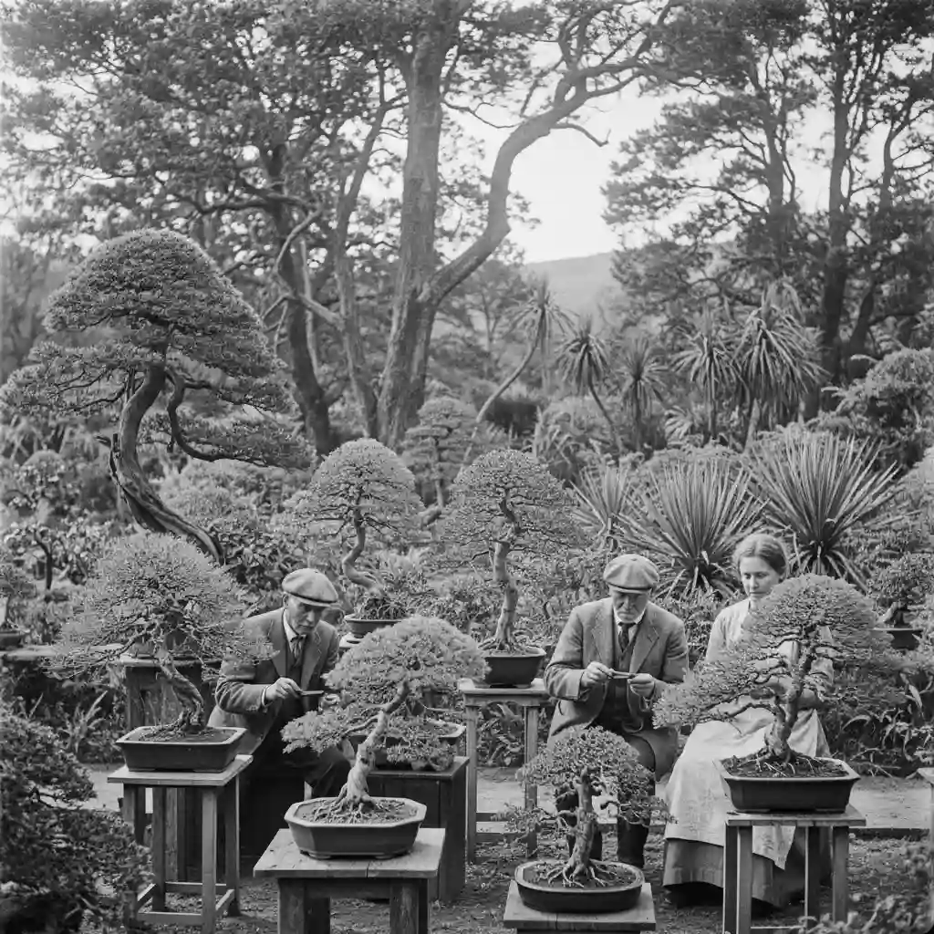 Historical photo of early NZ bonsai practitioners