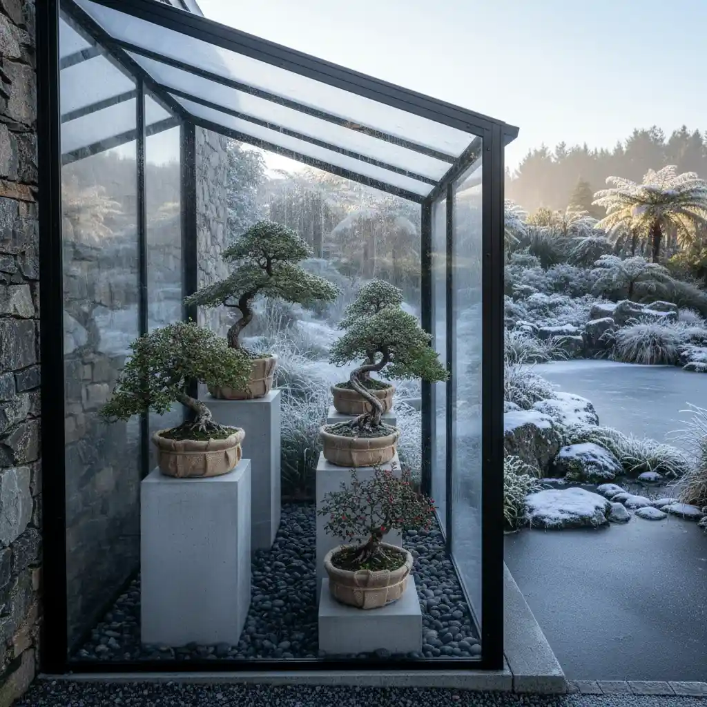 Bonsai trees protected under a clear overhead shelter for winter