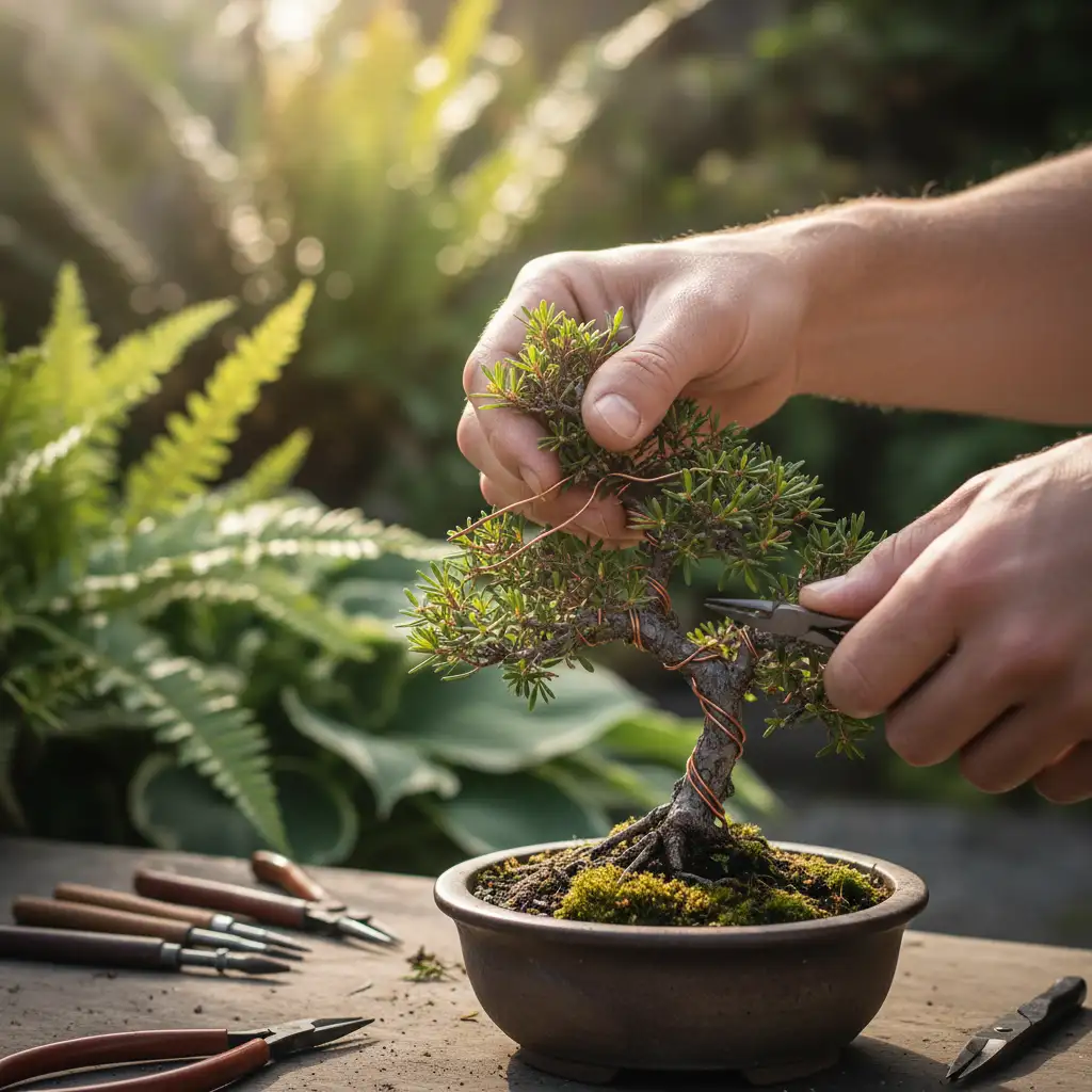 Artist's hands styling a native New Zealand bonsai with wire
