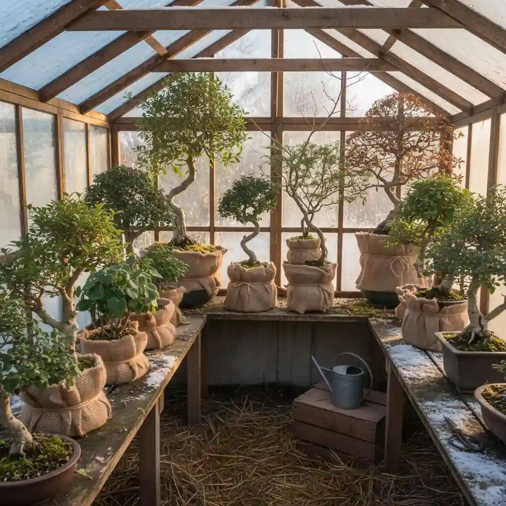 Grouped NZ native bonsai trees in a greenhouse for winter protection