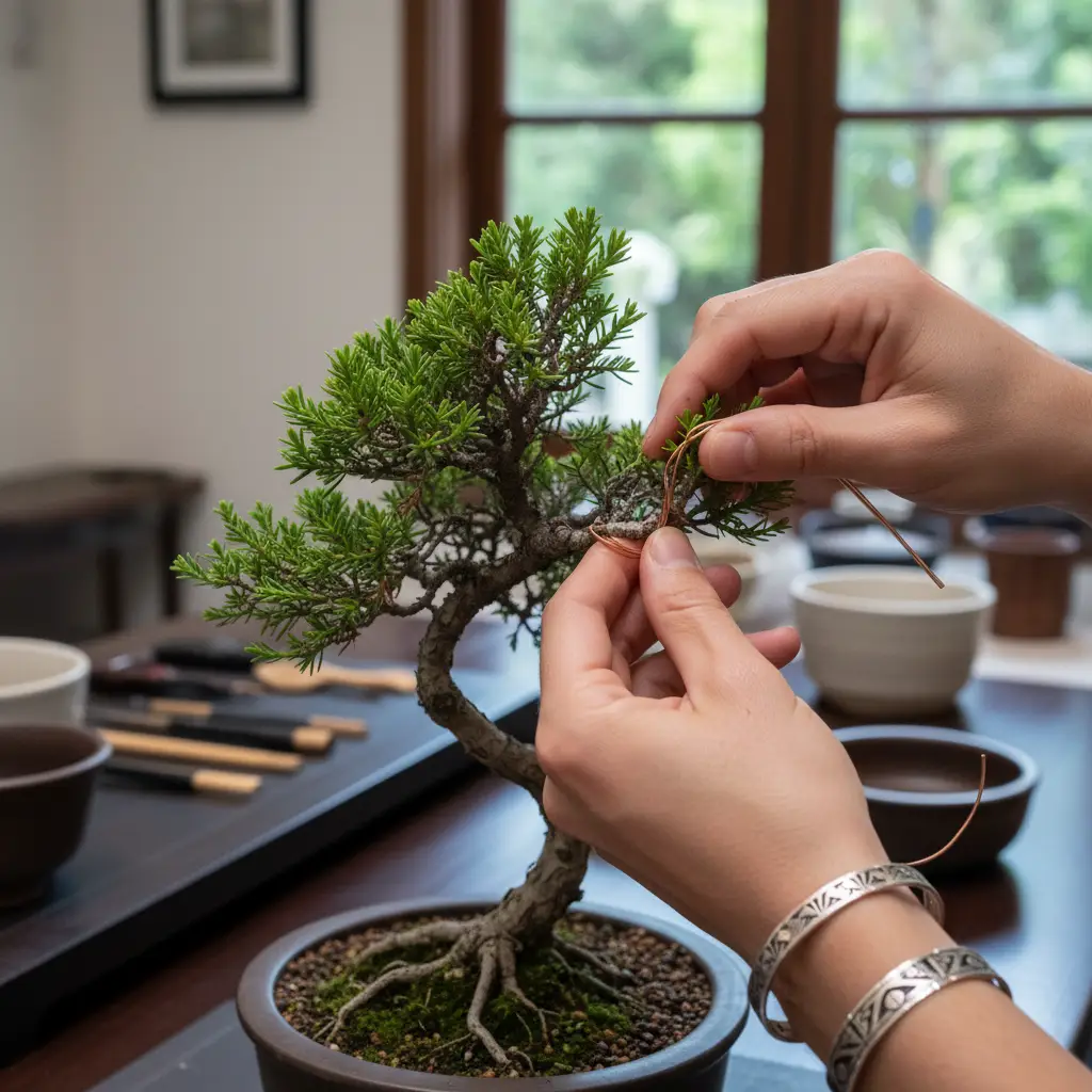 Bonsai artist's hands styling a native tree, showcasing creativity