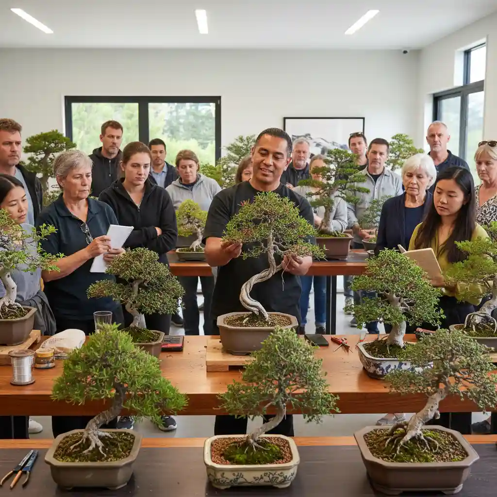 NZ bonsai community workshop with various native trees