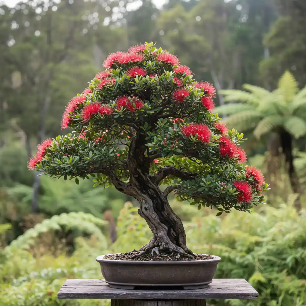 NZ native Pohutukawa bonsai with red flowers