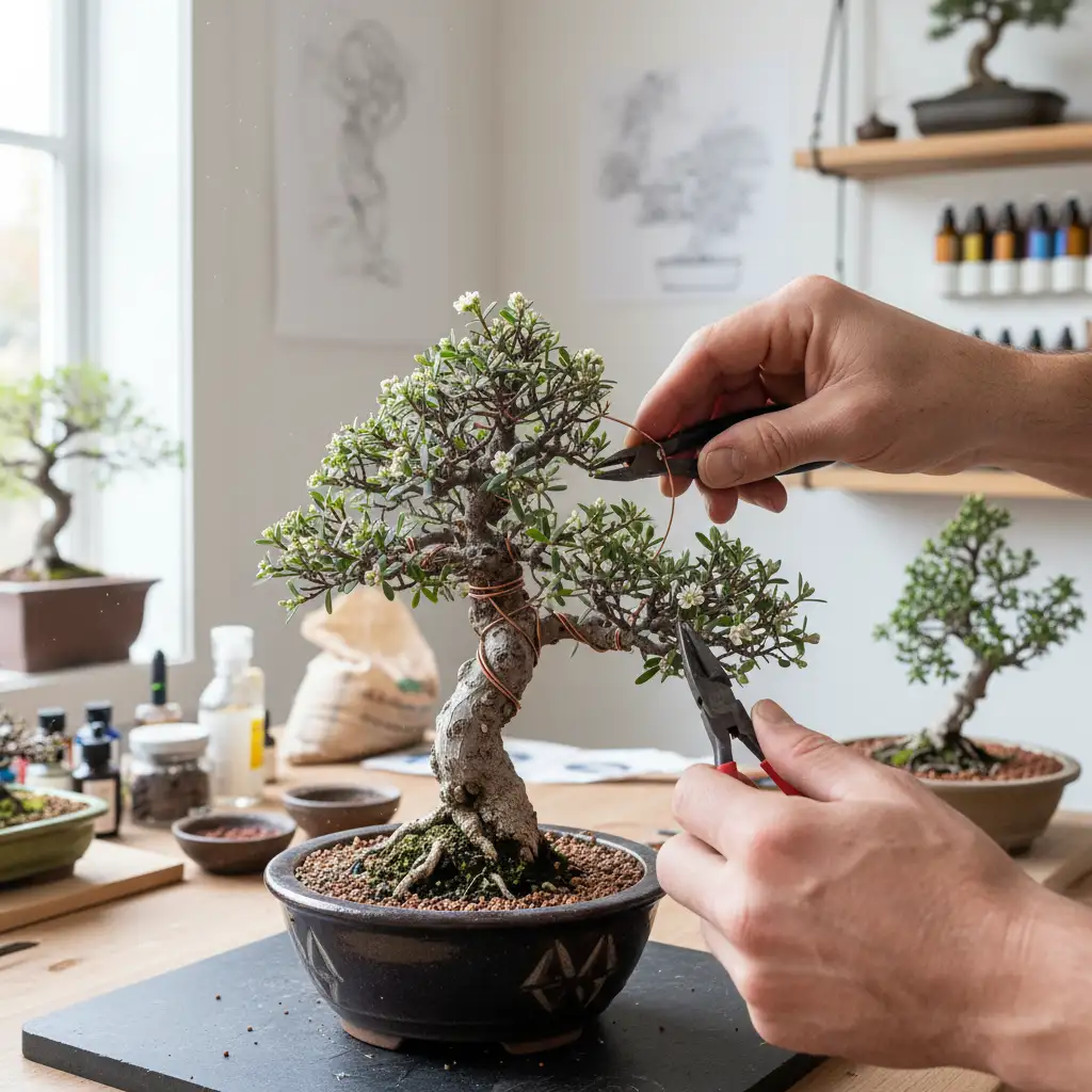 Bonsai artist styling an NZ native tree
