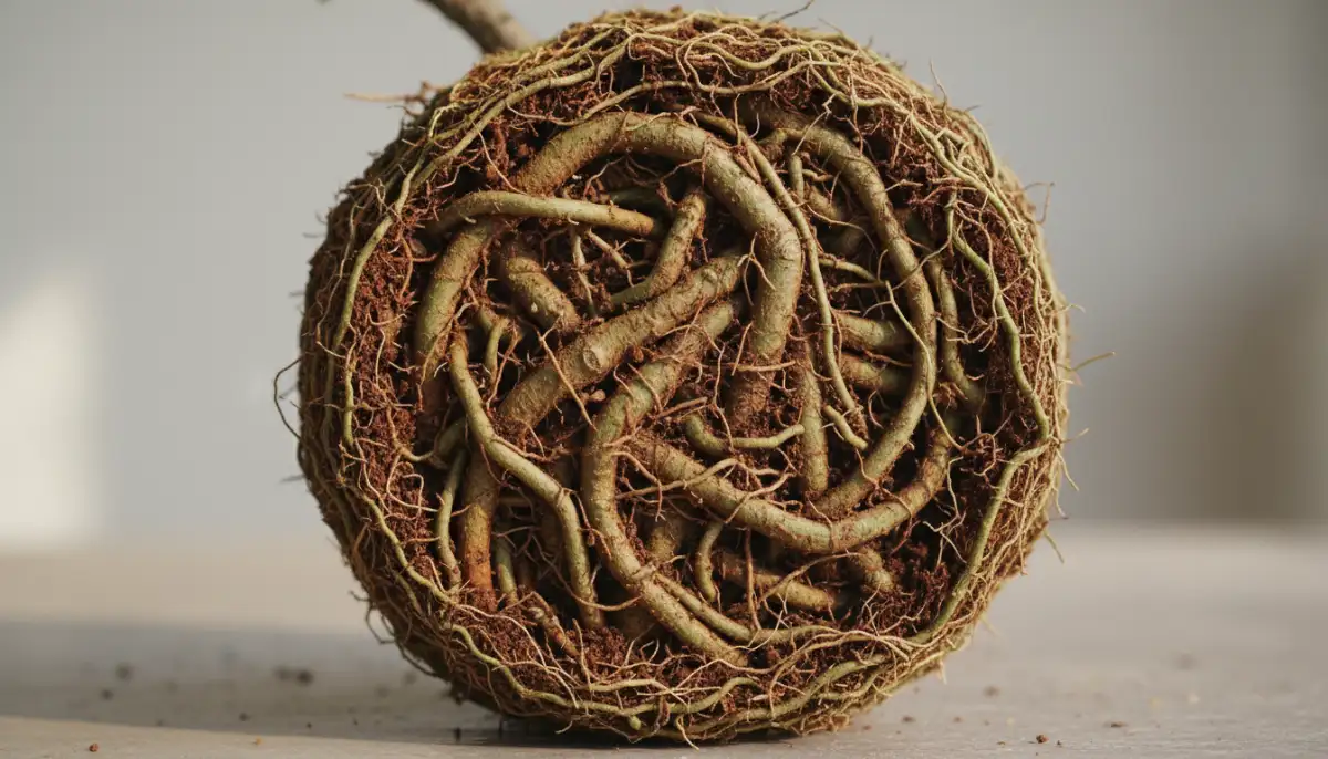 Healthy bonsai root network after removal from pot