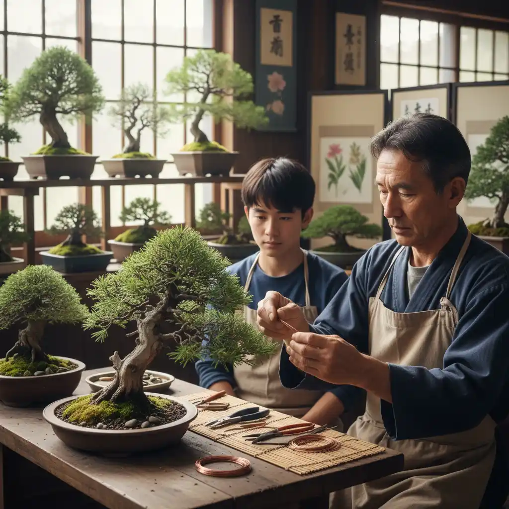 Bonsai mentor guiding student in NZ