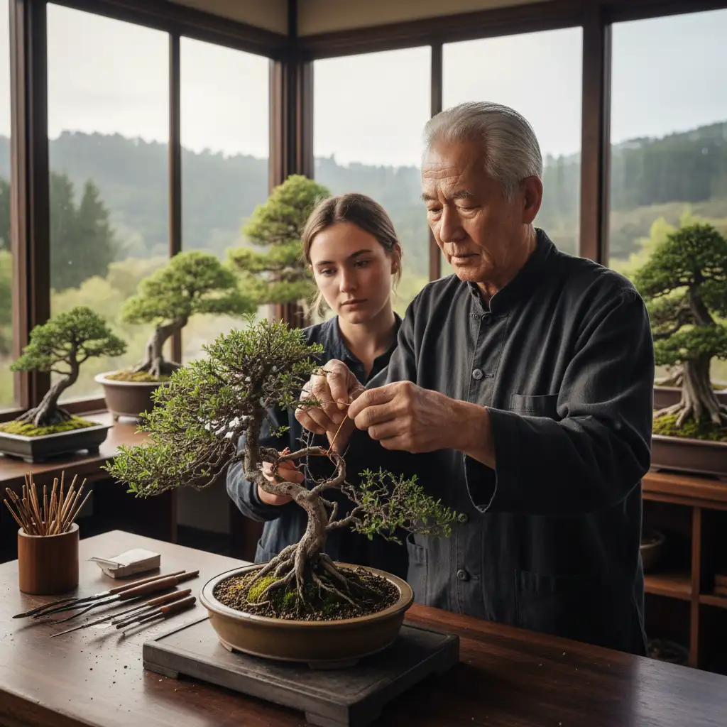 Bonsai mentor guiding a student in New Zealand