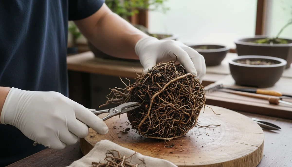 Hands pruning bonsai roots with specialized tools
