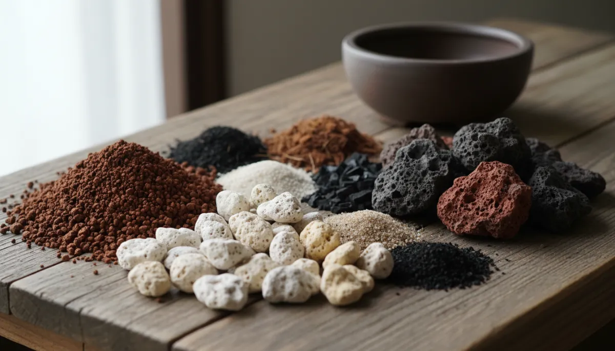 Bonsai soil components like Akadama, pumice, and lava rock used in a mix