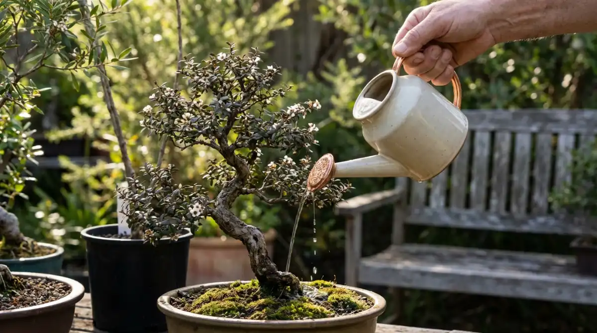 Careful watering technique for Southern Hemisphere bonsai