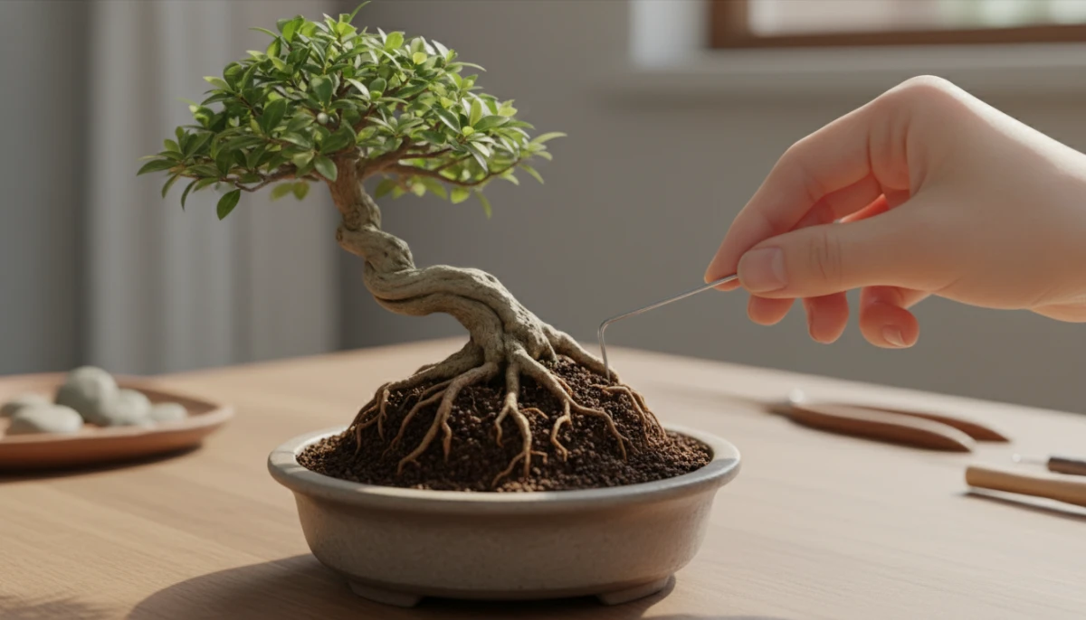 A healthy bonsai tree being repotted with meticulously pruned roots, showcasing the care involved in bonsai root pruning.