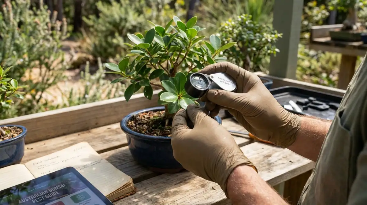 Person inspecting a native Australian bonsai for early signs of pests, demonstrating integrated pest management