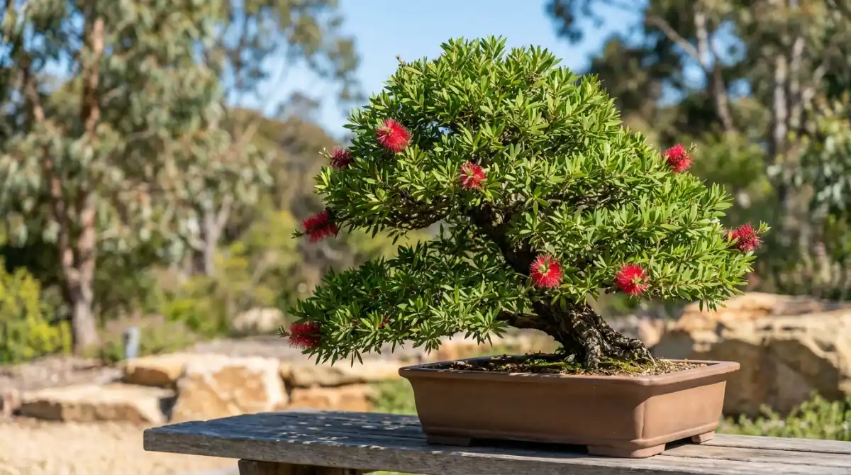 Healthy native Australian Bottlebrush bonsai, showcasing successful pest and disease management