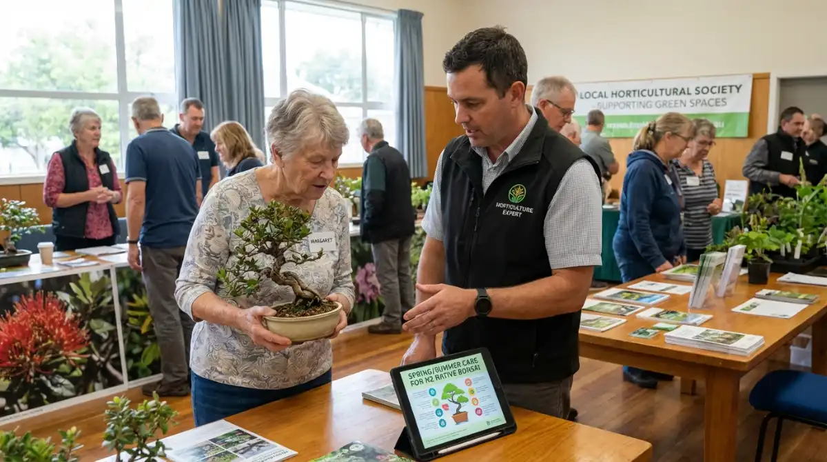 Expert advising on local native bonsai pest control at a horticultural society