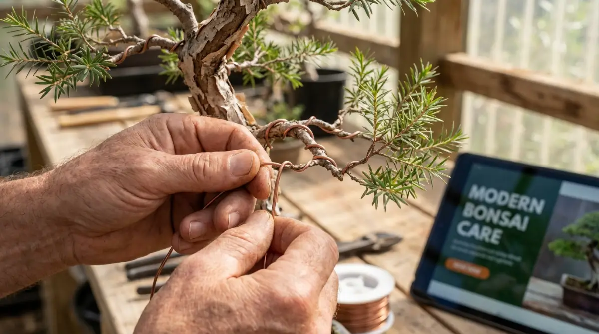 Bonsai artist wiring a Melaleuca native Australian bonsai branch