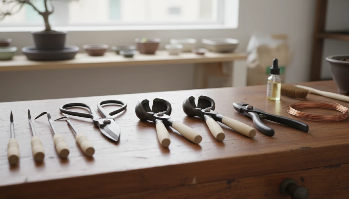 Essential tools for healthy bonsai root pruning laid out cleanly.