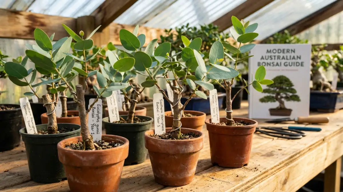 Eucalyptus seedlings in bonsai training pots
