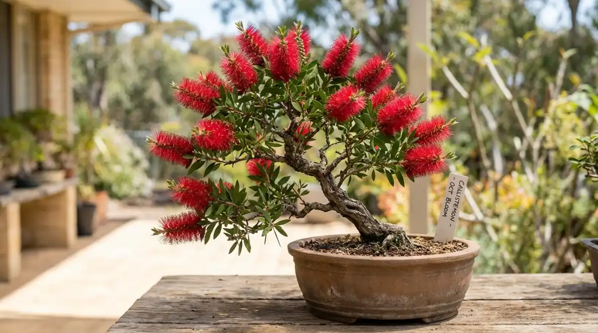 Callistemon bottlebrush bonsai with red flowers