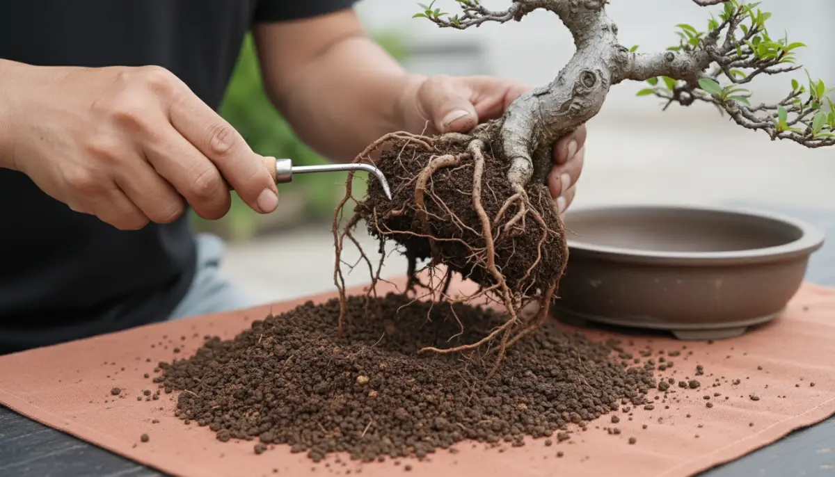 A bonsai tree being carefully removed from its pot, exposing the root ball for pruning.