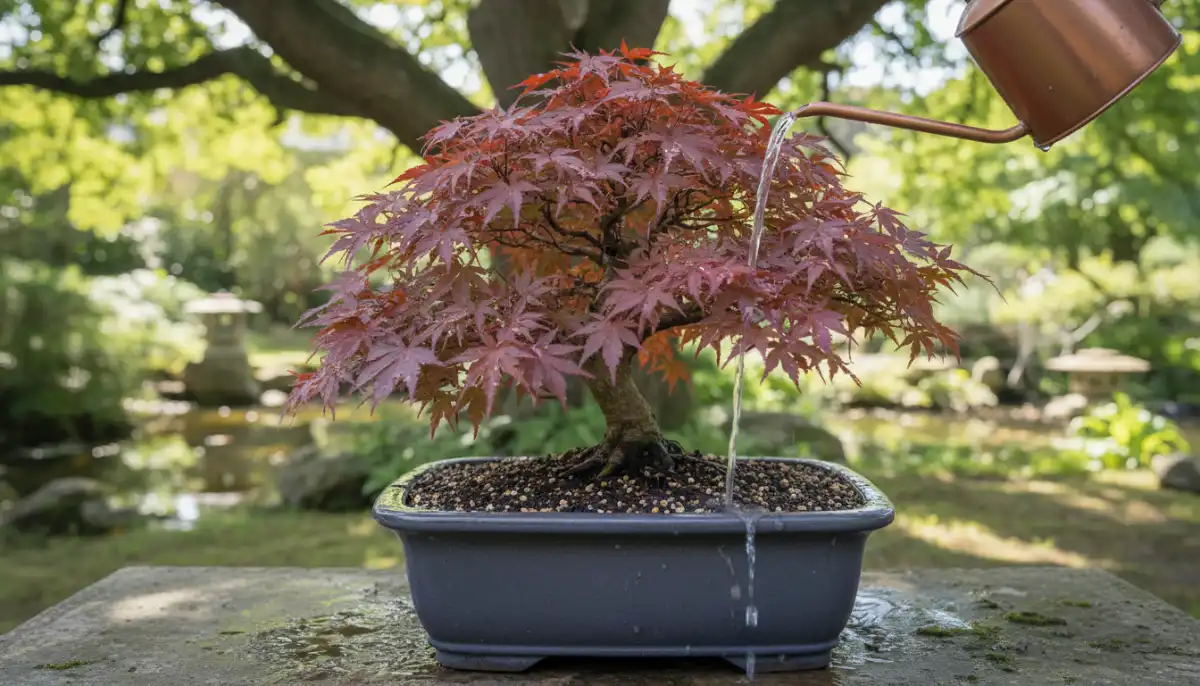 A newly repotted bonsai tree, showcasing healthy, spread roots and fresh soil, ready for new growth.