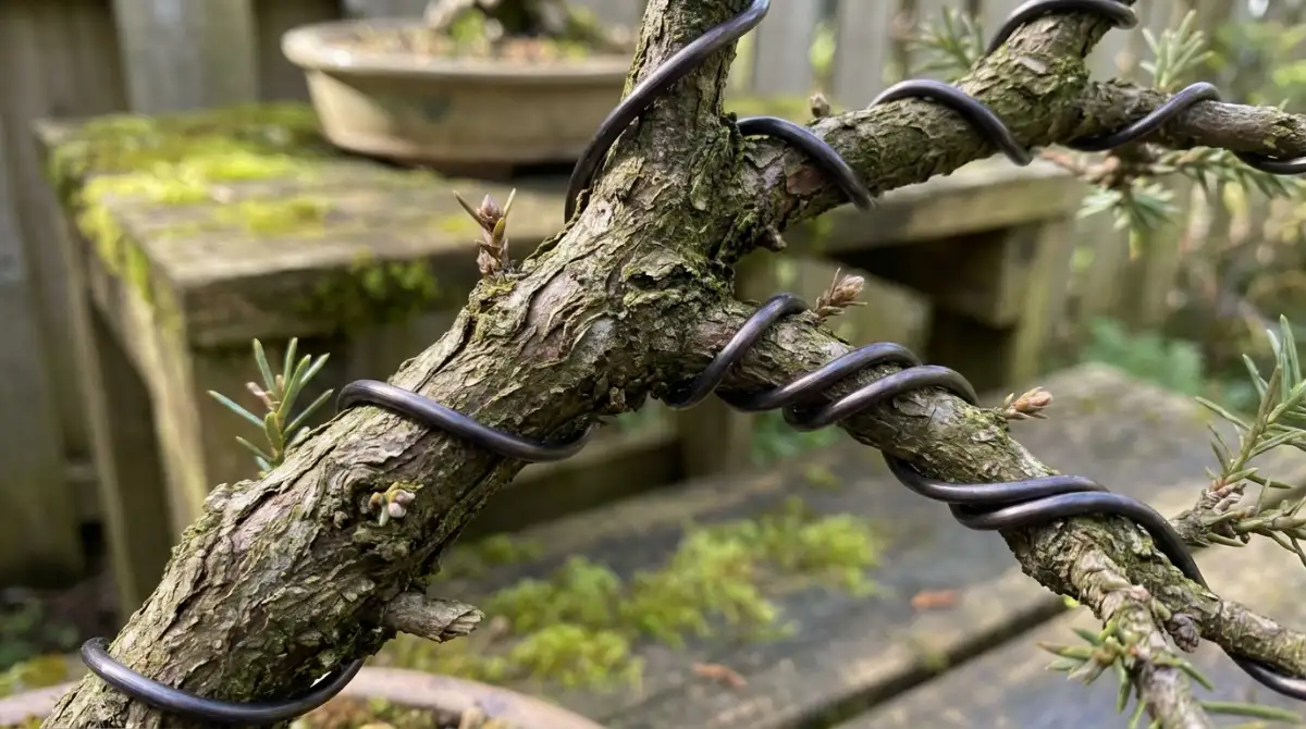 Bonsai wiring technique demonstrated on a native NZ conifer branch, crucial for shaping in totara bonsai care