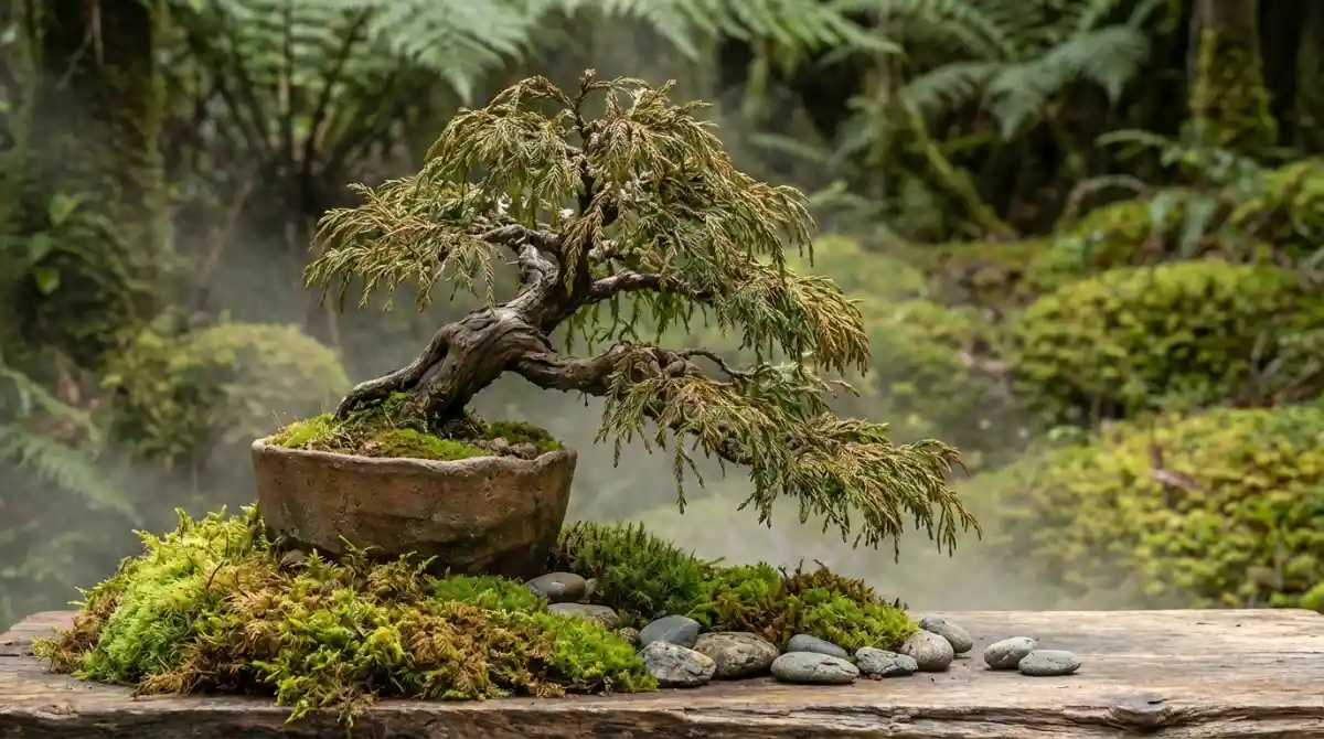 Rimu bonsai in a naturalistic style with moss and rocks, representing New Zealand forest aesthetics